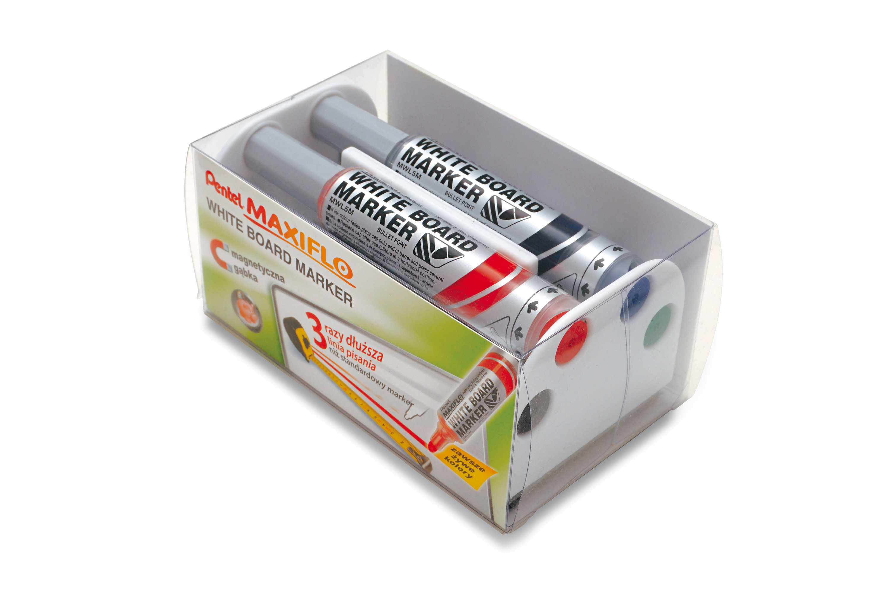 Marker suchościeralny Pentel Maxfilo MWL5M komplet 4kol. + gąbka MWL5M-4N