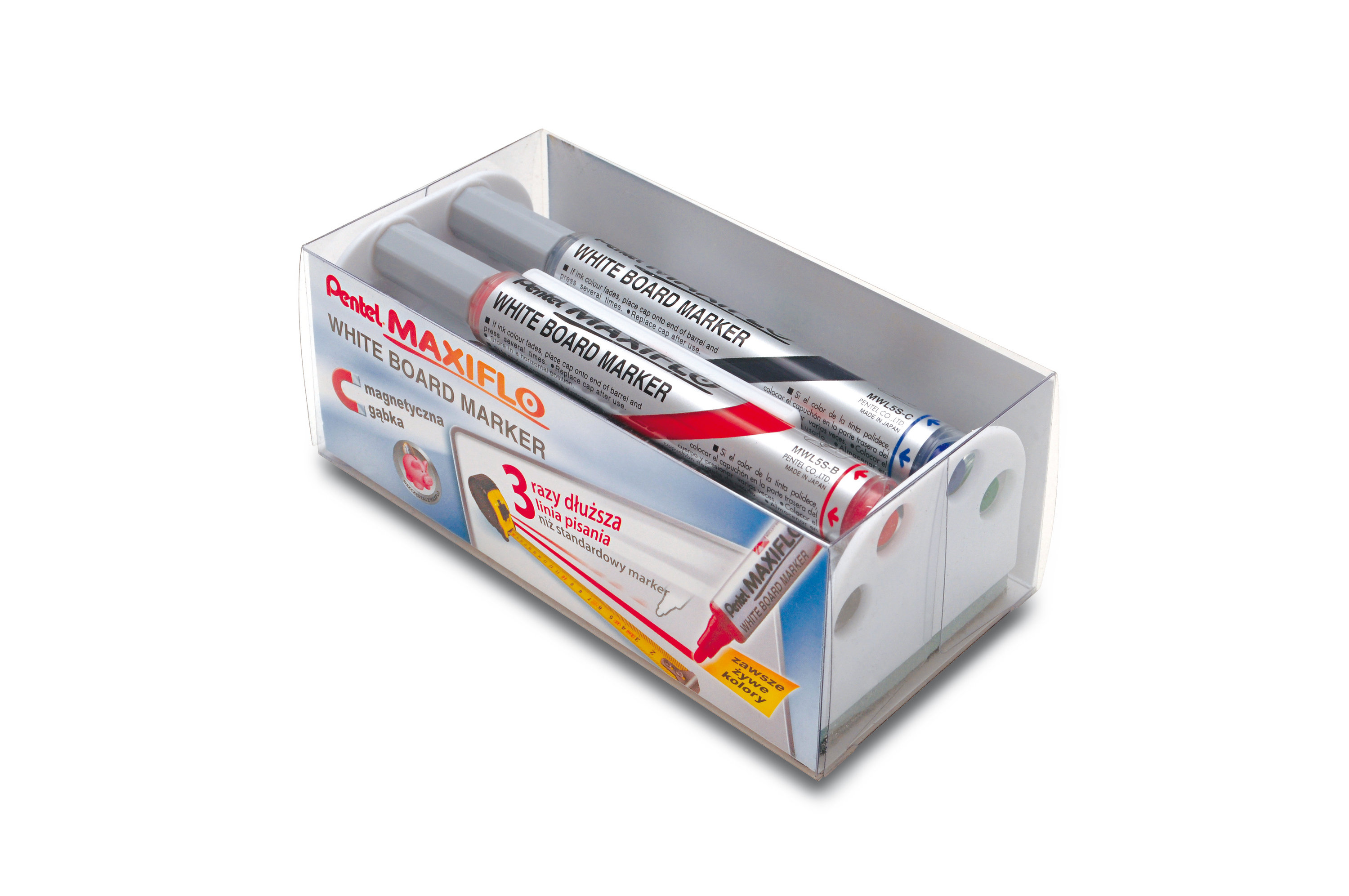 Zestaw do tablic suchościeralnych Pentel Maxiflo MWL5S 4 kolory + gąbka magnetyczna